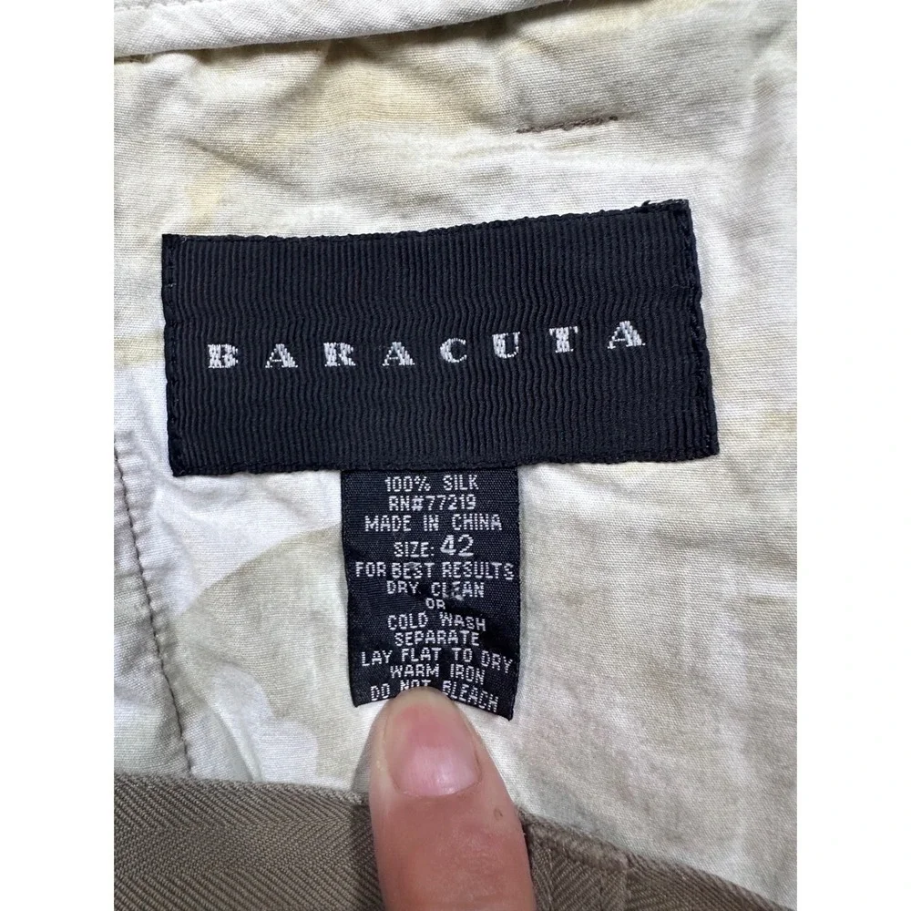 Baracuta Mens 42 100% Silk Pleated Trousers Olive Brown Herringbone Wide Leg